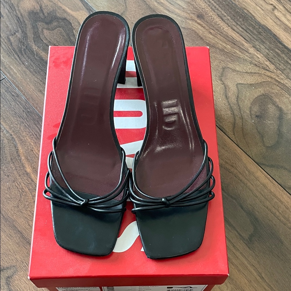 Staud Black Knot-Detail Square-Toe Mules with Burgundy Insole